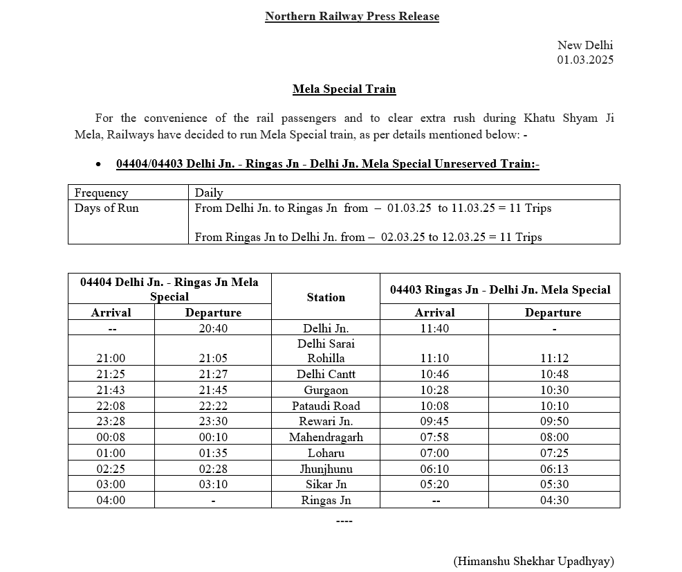 khatu shyam special train