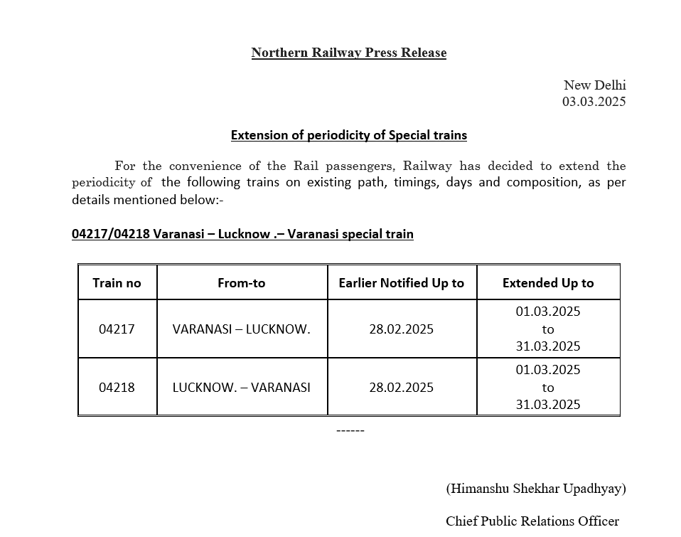 वाराणसी-लखनऊ स्पेशल ट्रेन की अवधि बढ़ी: यात्रियों के लिए बड़ी राहत! 🚆✨