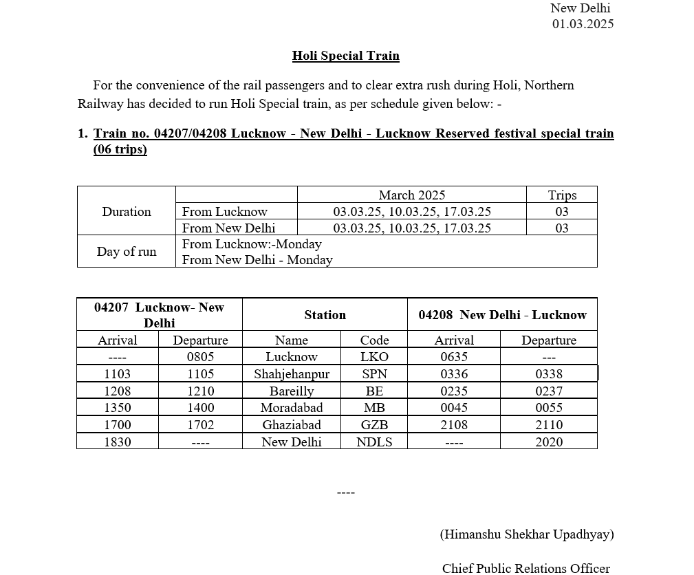 लखनऊ-नई दिल्ली के बीच एक विशेष होली स्पेशल ट्रेन Holi Special Train